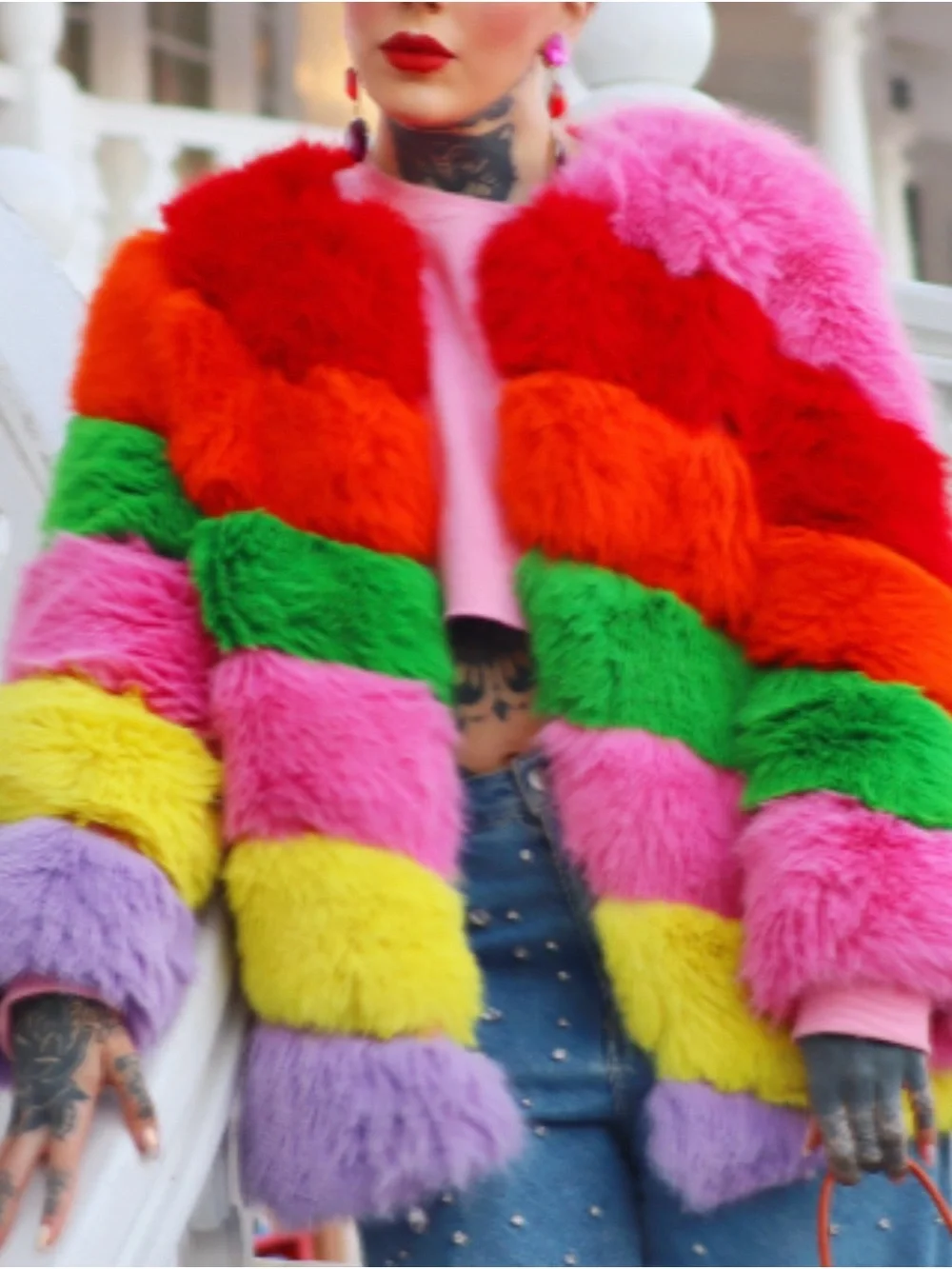 Rainbow Striped Faux Fur Coat - Multicolor